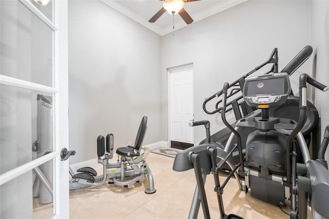 9905 Lanai View Ct, Windermere, FL 34786 - workout area with ceiling fan, ornamental molding, and tile patterned flooring