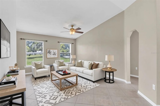 107 Whitehall Way, Kissimmee, FL 34758 - living area featuring ceiling fan, light tile patterned floors, and lofted ceiling