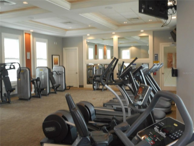 5231 Wildwood Way, Davenport, FL 33837 - gym featuring carpet floors, healthy amount of natural light, coffered ceiling, crown molding, and beamed ceiling