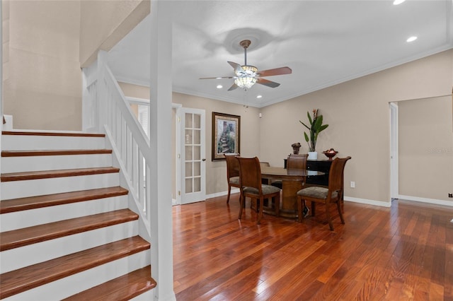 878 Elgin Dr, Winter Springs, FL 32708 - dining area with stairway, ceiling fan, wood-type flooring, crown molding, and recessed lighting