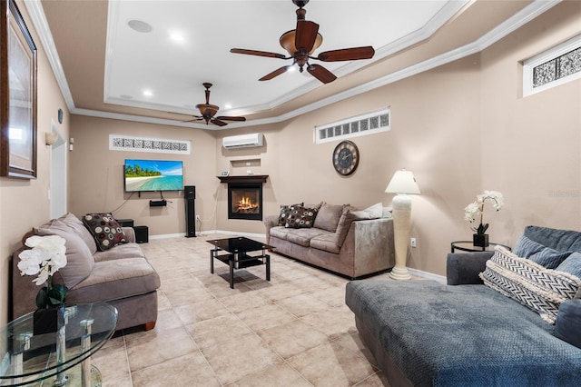 878 Elgin Dr, Winter Springs, FL 32708 - living room featuring a tray ceiling, a wall unit AC, ornamental molding, a ceiling fan, and light tile patterned floors