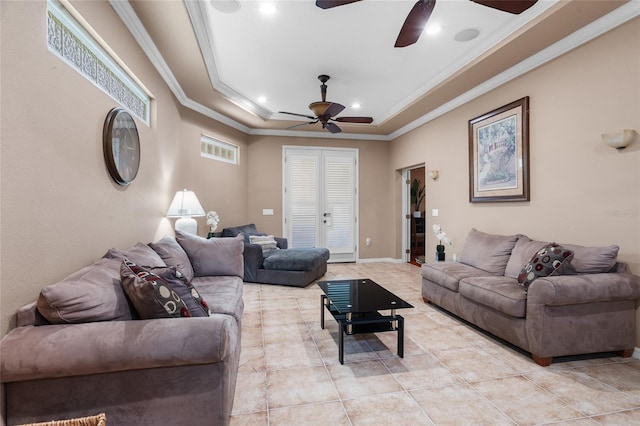 878 Elgin Dr, Winter Springs, FL 32708 - living area featuring a ceiling fan, ornamental molding, a tray ceiling, light tile patterned floors, and recessed lighting