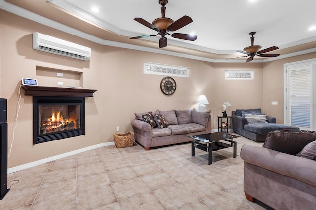 878 Elgin Dr, Winter Springs, FL 32708 - living area featuring a wall unit AC, a raised ceiling, crown molding, ceiling fan, and a glass covered fireplace