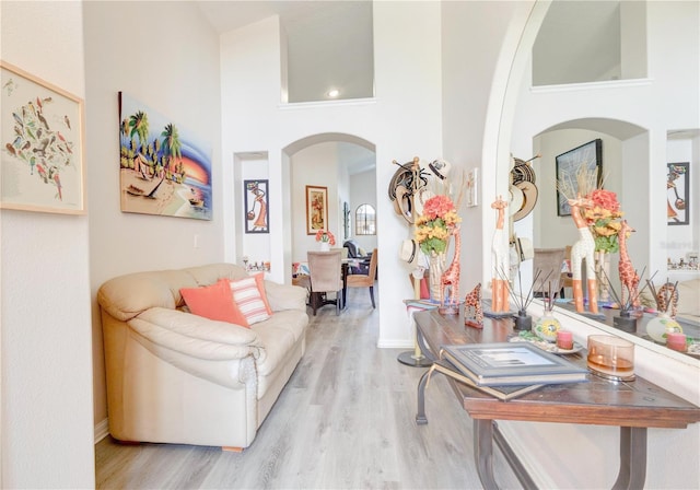 1014 Prey Ct, Kissimmee, FL 34746 - living area with arched walkways, light wood finished floors, and a high ceiling