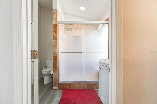 1014 Prey Ct, Kissimmee, FL 34746 - full bathroom featuring a shower stall, wood finished floors, vanity, and vaulted ceiling