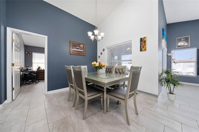 5100 Violet Ln, Kissimmee, FL 34758 - dining space with high vaulted ceiling, a chandelier, and a desk