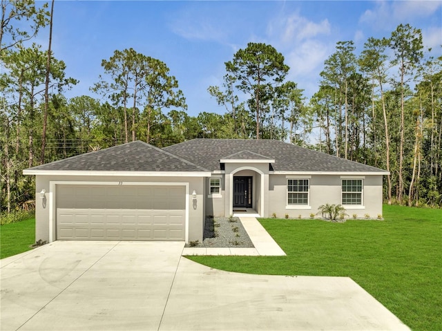 33 Peterlee Ct, Kissimmee, FL 34758 - ranch-style home with a shingled roof, stucco siding, driveway, a front lawn, and a garage