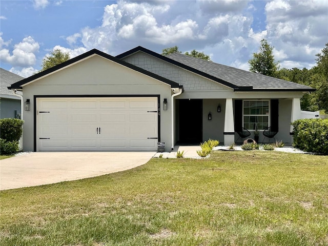 144 Foxtail Loop, Davenport, FL 33837 - single story home with a garage, driveway, stucco siding, a front lawn, and covered porch