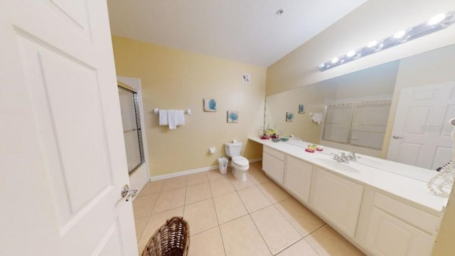 4862 Cayview Ave Unit 40409, Orlando, FL 32819 - bathroom featuring a shower with door, vanity, tile patterned flooring, and lofted ceiling