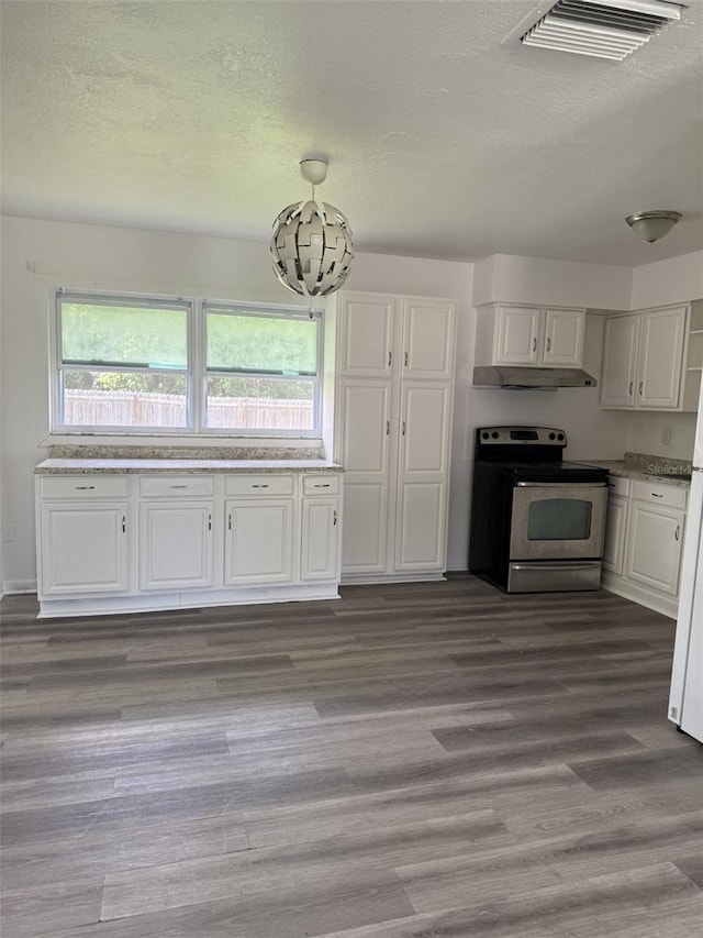 5449 NW 2nd St, Ocala, FL 34482 - kitchen with stainless steel electric range oven, white cabinetry, healthy amount of natural light, a textured ceiling, and under cabinet range hood