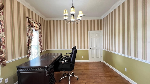 934 Westpark Dr, Celebration, FL 34747 - office featuring wood-type flooring, a chandelier, ornamental molding, and wallpapered walls