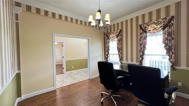 934 Westpark Dr, Celebration, FL 34747 - office with crown molding, a chandelier, and hardwood / wood-style flooring