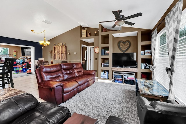4828 Jeanette Ct, Saint Cloud, FL 34771 - tiled living room with a chandelier, lofted ceiling, ceiling fan, and built in shelves