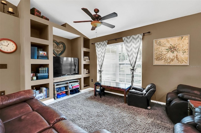 4828 Jeanette Ct, Saint Cloud, FL 34771 - living room with carpet, a ceiling fan, built in features, and lofted ceiling