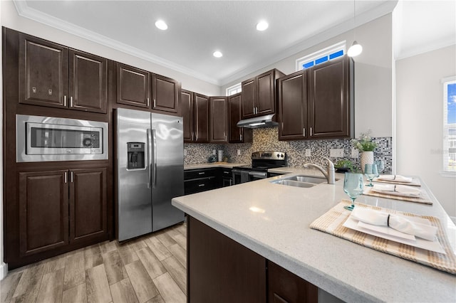 9121 Laureate Blvd, Orlando, FL 32827 - kitchen featuring appliances with stainless steel finishes, under cabinet range hood, dark brown cabinetry, ornamental molding, and backsplash