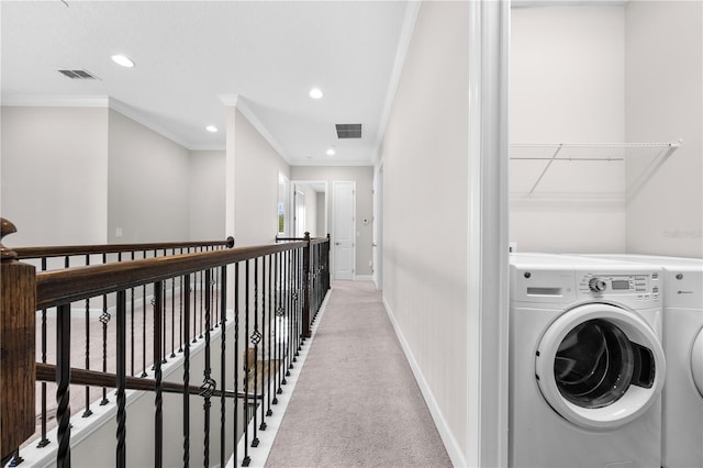9121 Laureate Blvd, Orlando, FL 32827 - washroom featuring light colored carpet, crown molding, recessed lighting, and washer and clothes dryer