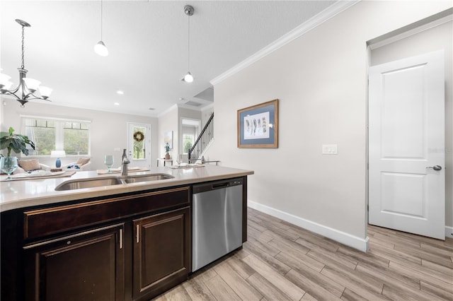 9121 Laureate Blvd, Orlando, FL 32827 - kitchen featuring stainless steel dishwasher, crown molding, light countertops, a chandelier, and dark brown cabinets