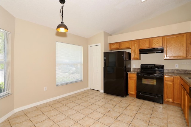 1749 Christina Lee Ln, Saint Cloud, FL 34769 - kitchen featuring black appliances, under cabinet range hood, lofted ceiling, and plenty of natural light