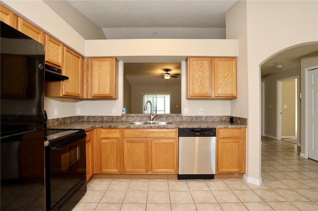1749 Christina Lee Ln, Saint Cloud, FL 34769 - kitchen featuring black appliances, a ceiling fan, light tile patterned floors, extractor fan, and arched walkways