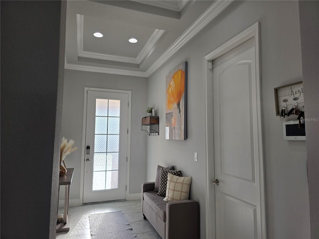 2853 Willowseed Ln, Saint Cloud, FL 34772 - entryway featuring ornamental molding, healthy amount of natural light, light tile patterned floors, recessed lighting, and a tray ceiling
