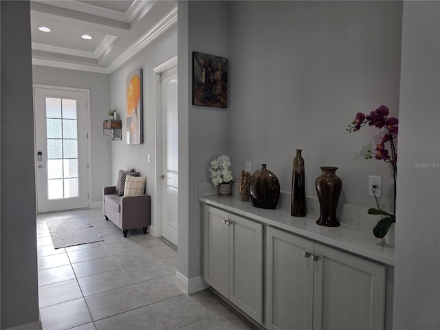 2853 Willowseed Ln, Saint Cloud, FL 34772 - corridor featuring crown molding, light tile patterned flooring, and recessed lighting