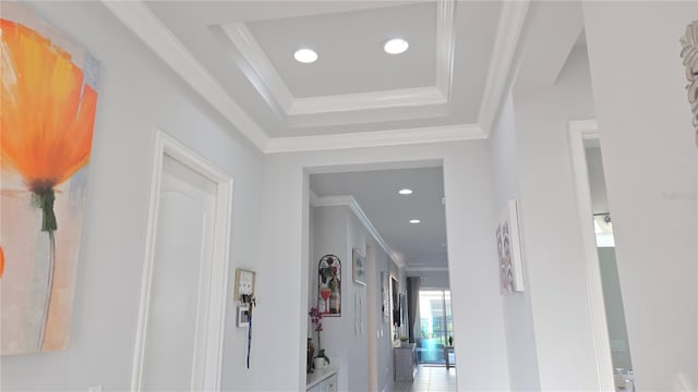 2853 Willowseed Ln, Saint Cloud, FL 34772 - hall with a raised ceiling, recessed lighting, and crown molding
