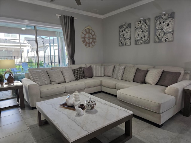 2853 Willowseed Ln, Saint Cloud, FL 34772 - living room with ceiling fan, crown molding, light tile patterned flooring, and a sunroom