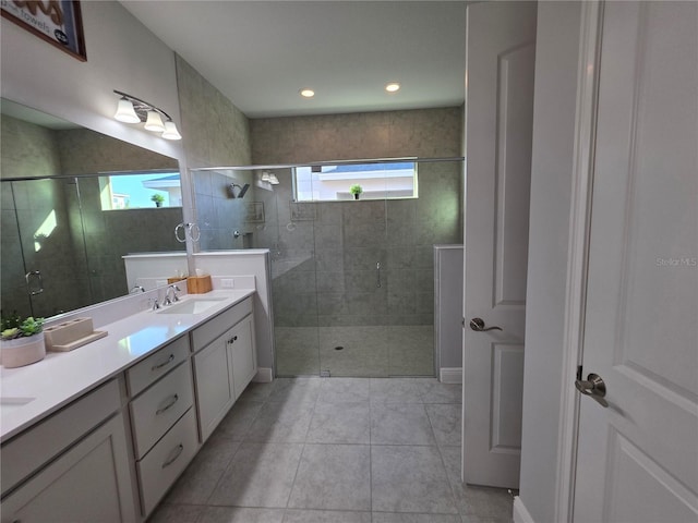 2853 Willowseed Ln, Saint Cloud, FL 34772 - full bathroom with a stall shower, double vanity, tile patterned flooring, and recessed lighting
