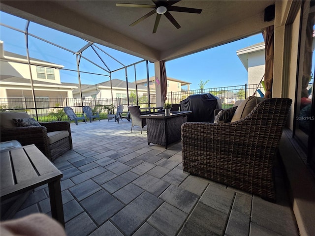 2853 Willowseed Ln, Saint Cloud, FL 34772 - view of patio / terrace featuring outdoor lounge area, ceiling fan, glass enclosure, and grilling area