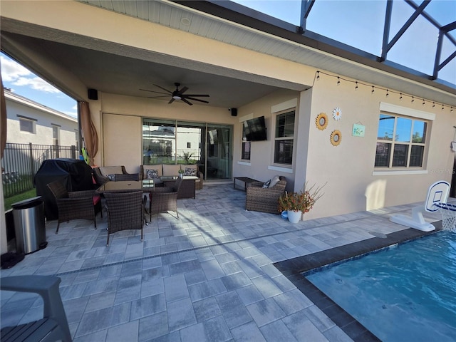 2853 Willowseed Ln, Saint Cloud, FL 34772 - view of patio with an outdoor living space, a ceiling fan, and a lanai
