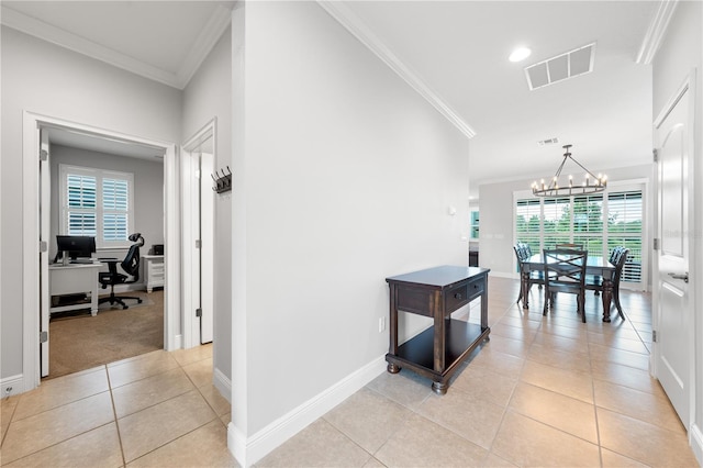 3204 Oxbow Ct, Saint Cloud, FL 34773 - hallway with ornamental molding, a chandelier, light tile patterned flooring, an office area, and recessed lighting