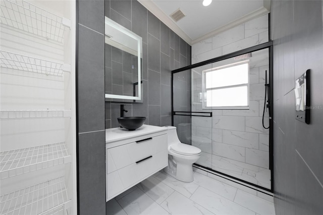 1950 Windward Oaks Ct, Kissimmee, FL 34746 - full bathroom featuring marble finish floors, vanity, a stall shower, tile walls, and crown molding