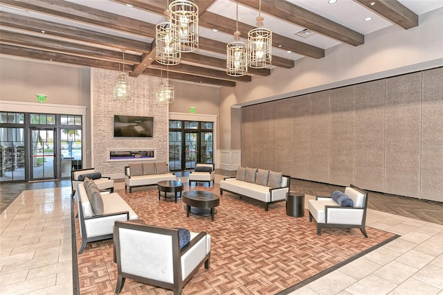 17109 Kenton Ter, Bradenton, FL 34202 - community lobby with beamed ceiling, a towering ceiling, and recessed lighting