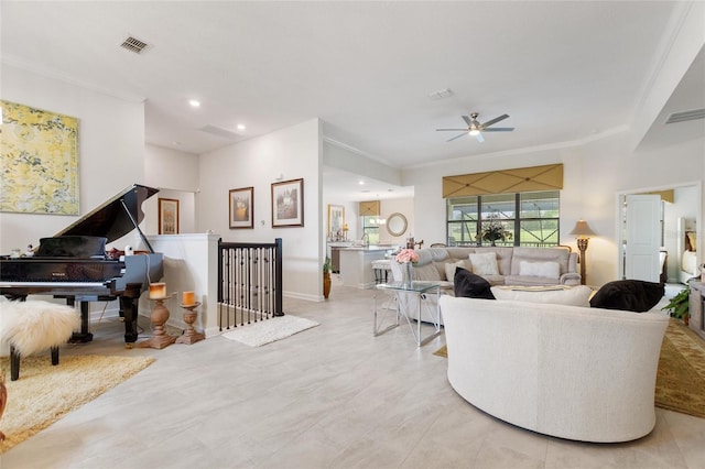 1452 Mickelson Ct, Davenport, FL 33896 - living room with ornamental molding, a ceiling fan, and recessed lighting