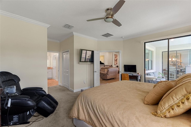 1452 Mickelson Ct, Davenport, FL 33896 - bedroom featuring access to outside, ornamental molding, carpet floors, ensuite bath, and a ceiling fan