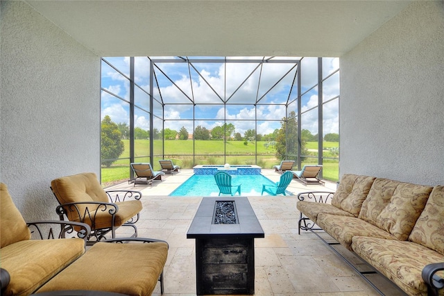1452 Mickelson Ct, Davenport, FL 33896 - swimming pool featuring an outdoor living space with a fire pit, a patio area, and glass enclosure