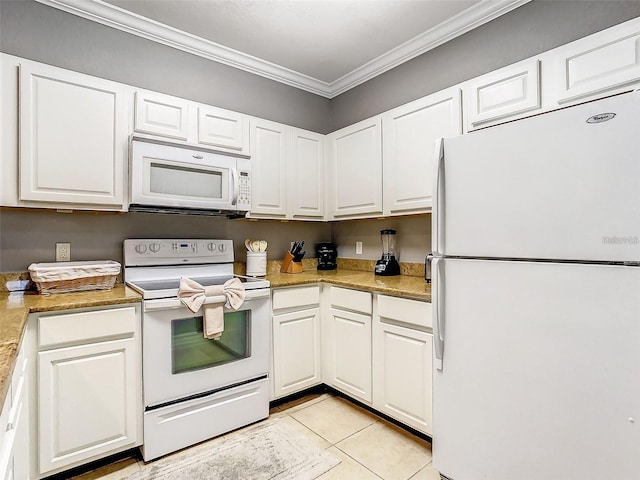 1361 Tuscan Ter Unit 7303, Davenport, FL 33896 - kitchen featuring white appliances, ornamental molding, white cabinets, light countertops, and light tile patterned flooring