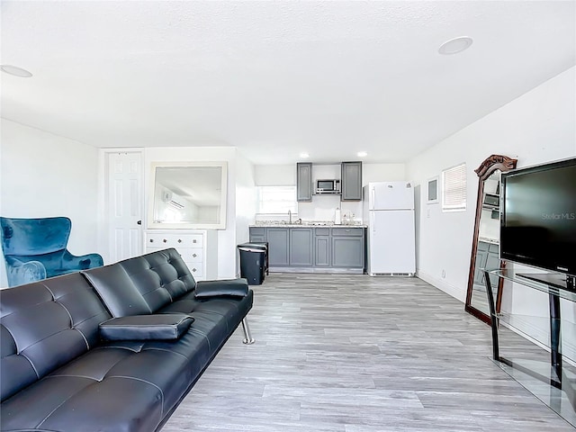 living area featuring light wood-type flooring and baseboards