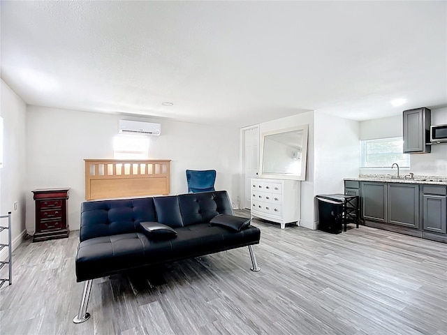 living area with an AC wall unit and light wood-style floors