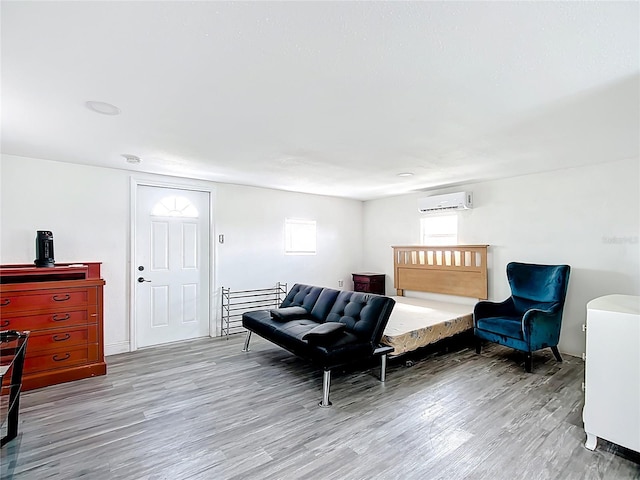 living area featuring wood finished floors and a wall mounted air conditioner