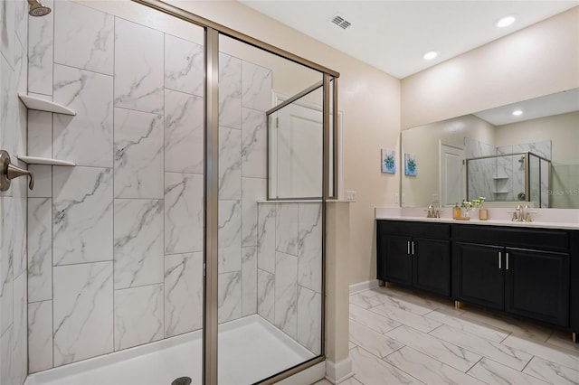 4547 Narrative Ln, Kissimmee, FL 34746 - full bathroom with a marble finish shower, marble look tile flooring, double vanity, and recessed lighting