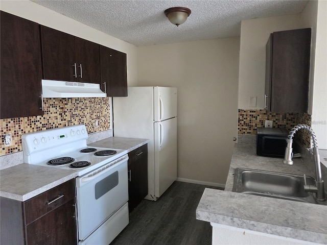 2030 Cascades Blvd Unit 204, Kissimmee, FL 34741 - kitchen featuring white appliances, under cabinet range hood, dark wood-style floors, dark brown cabinetry, and decorative backsplash