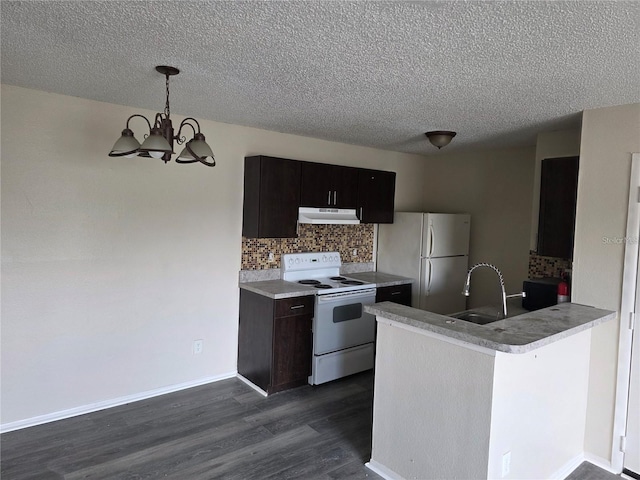 2030 Cascades Blvd Unit 204, Kissimmee, FL 34741 - kitchen with white appliances, under cabinet range hood, dark wood-style flooring, tasteful backsplash, and a chandelier