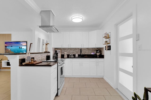 1710 Thor Ave, Apopka, FL 32703 - kitchen featuring white electric range oven, range hood, light tile patterned floors, dark countertops, and decorative backsplash