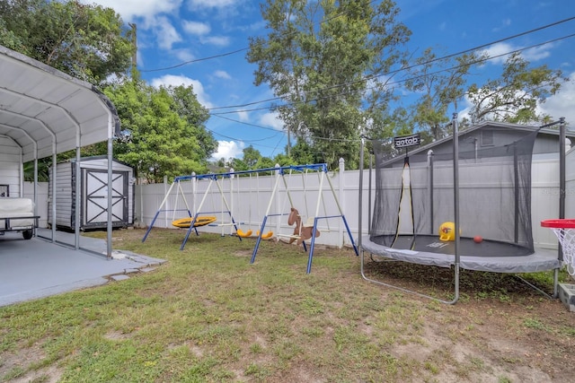 1710 Thor Ave, Apopka, FL 32703 - fenced backyard with a trampoline, a storage unit, a playground, and a patio