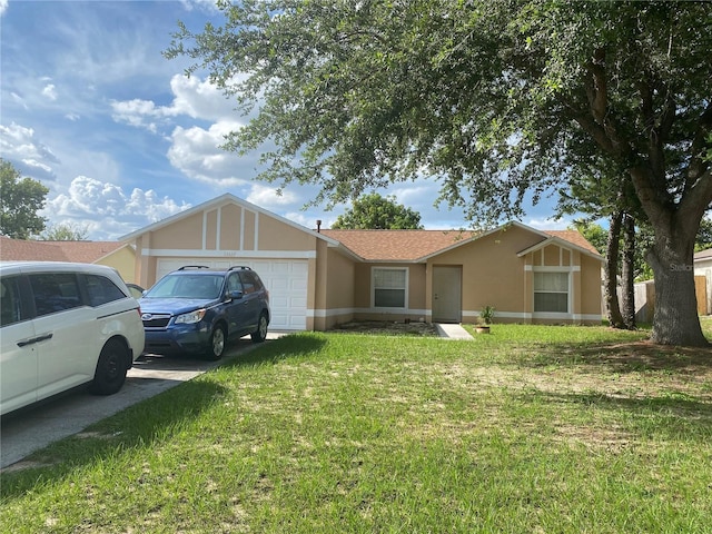 13327 Caspian Ln, Clermont, FL 34711 - ranch-style house with stucco siding, a front yard, a garage, and driveway