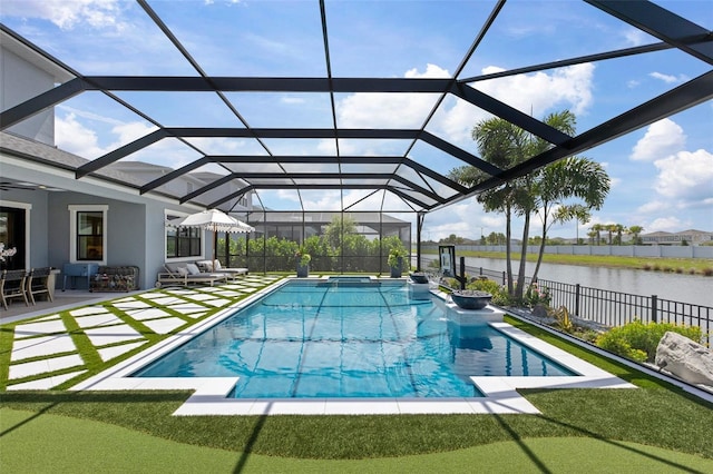 9352 Santorini Dr, Orlando, FL 32827 - outdoor pool with a patio, a water view, an outdoor hangout area, and a lanai