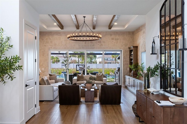 9352 Santorini Dr, Orlando, FL 32827 - living area with a chandelier, beamed ceiling, and hardwood / wood-style flooring