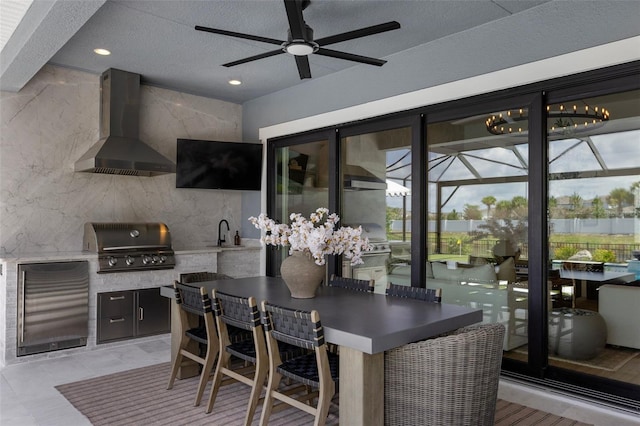 9352 Santorini Dr, Orlando, FL 32827 - view of patio with exterior kitchen, a ceiling fan, and glass enclosure