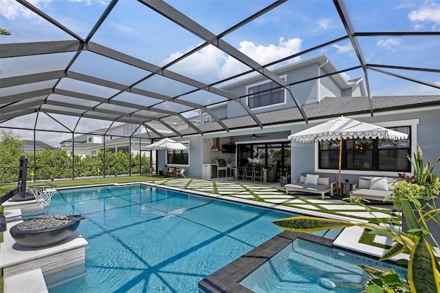 9352 Santorini Dr, Orlando, FL 32827 - view of swimming pool featuring a patio, a ceiling fan, an outdoor hangout area, and a lanai
